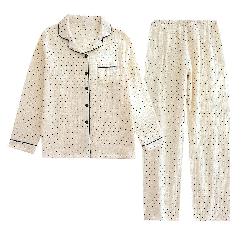 Women's Spring Summer Crepe Cotton Pajama Set - Long Sleeve, Thin, Cardigan Style