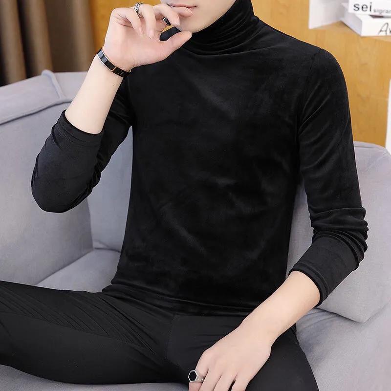 Men's Fall Half-High Neck Striped Long-Sleeve T-Shirt Slim-Fit Mid-Neck Thermal Base Layer