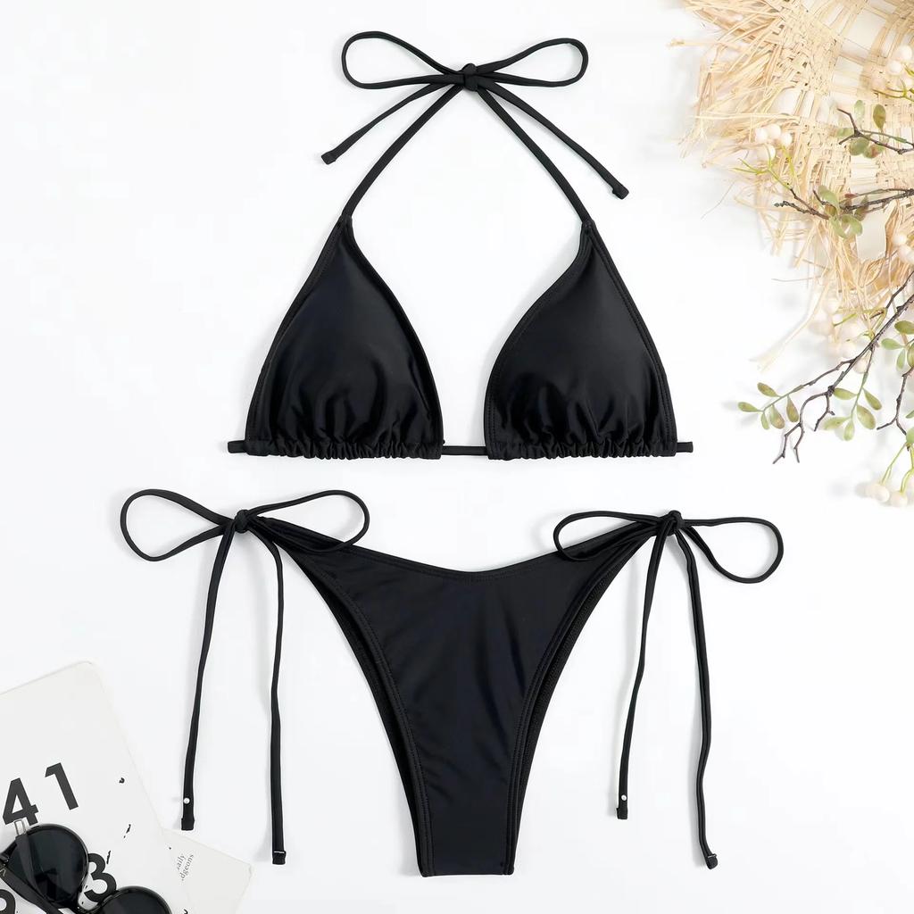 Women Thong Bikini Set Side Lace-up Sexy Swimsuit Bandage Neck Tie Swimwear Adjustable Brazilian Style Bikini Underwear