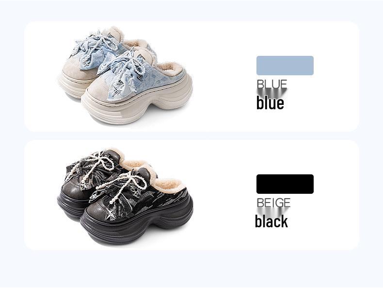 Women's Thick-Soled High-Heeled Bow Cotton Slippers - Winter 2025 Non-Slip, Height-Boosting, Warm PU Slippers