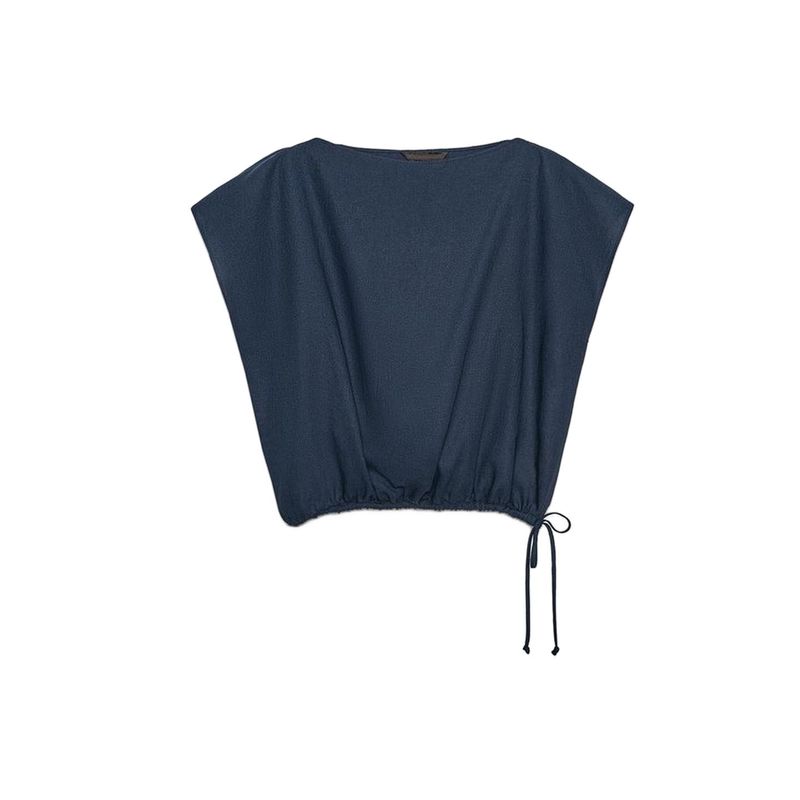 

Linen Blended Lace-up round Neck Short Sleeve Tops 8602586 Loose Balloon Mid Waist Pants 8536586 Sea Blue Top L