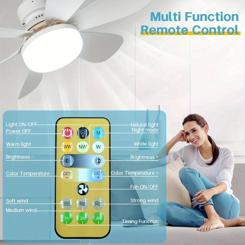 Ventilateur de Plafond E27 Moderne avec Lumière Télécommande Intelligente Sans Fil Mini Plafonnier Domestique pour Cuisine Salle à Manger Chambre Maison