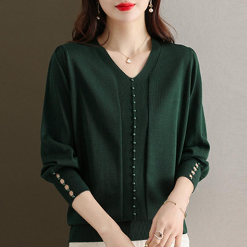 

Женские свитера, пуловеры 2025 Осень Зима Длинный рукав V-образный вырез Бисероплетение Вязаный свитер Женские топы Пуловер JJ153 One Size зелёный