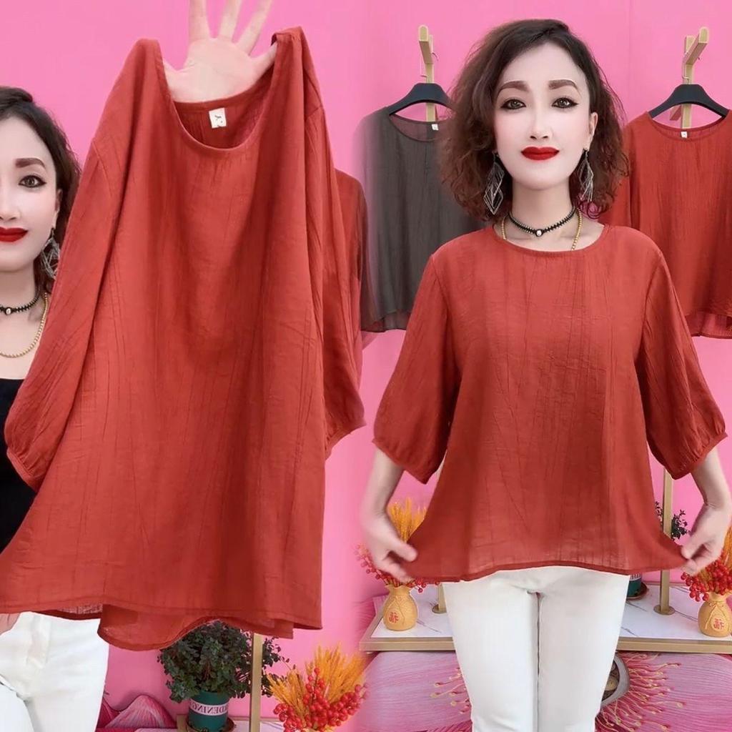 2024 Damen Tencel Baumwolle Leinen Mittellangärmelige Lockere Freizeitbluse mit Schlankmachender Bauchkontrolle für Mittelalte und Ältere