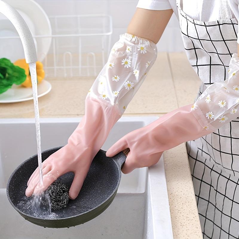 2 pairs Long Sleeve Floral Rubber Gloves - Reusable Soft and Flexible - Multi-Purpose for Dishwashing Kitchen Oven, Pet Cleaning