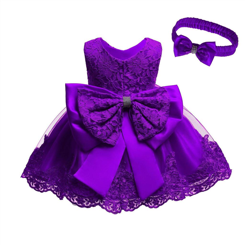 Children's Lace Color Block Birthday Bow Dress