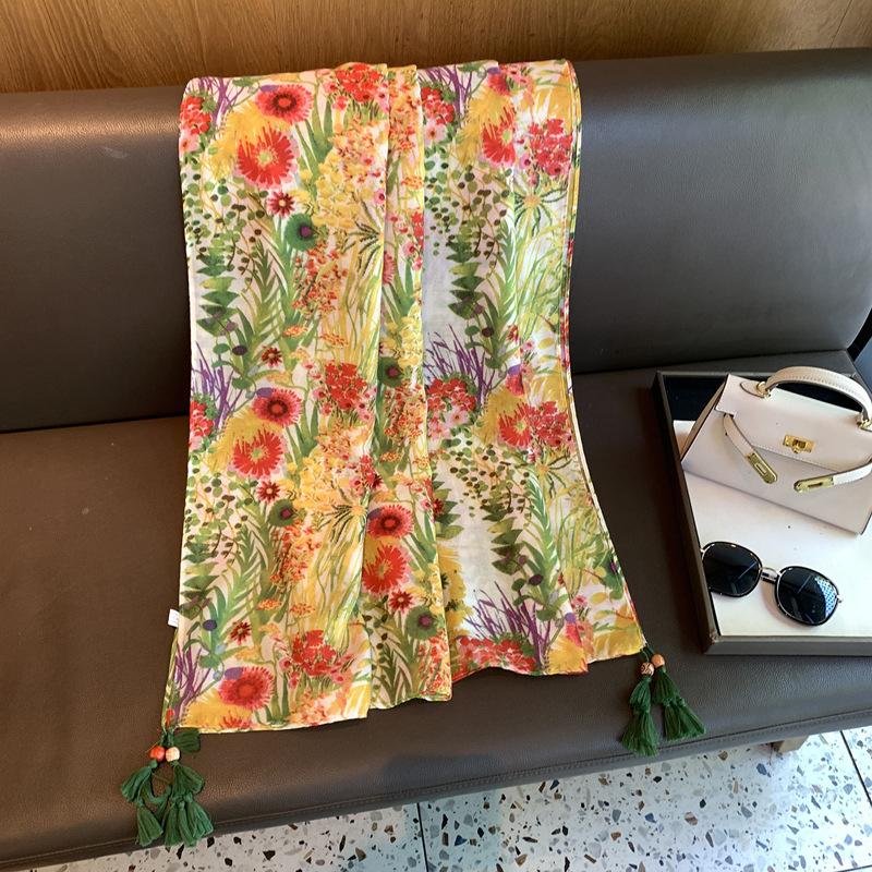 Summer Silk Scarf Shawl Sun Protection Dual-Purpose Yarn Scarf Scarf Spring And Autumn Ethnic Style Versatile Decorative Cotton And Linen Scarf Beach