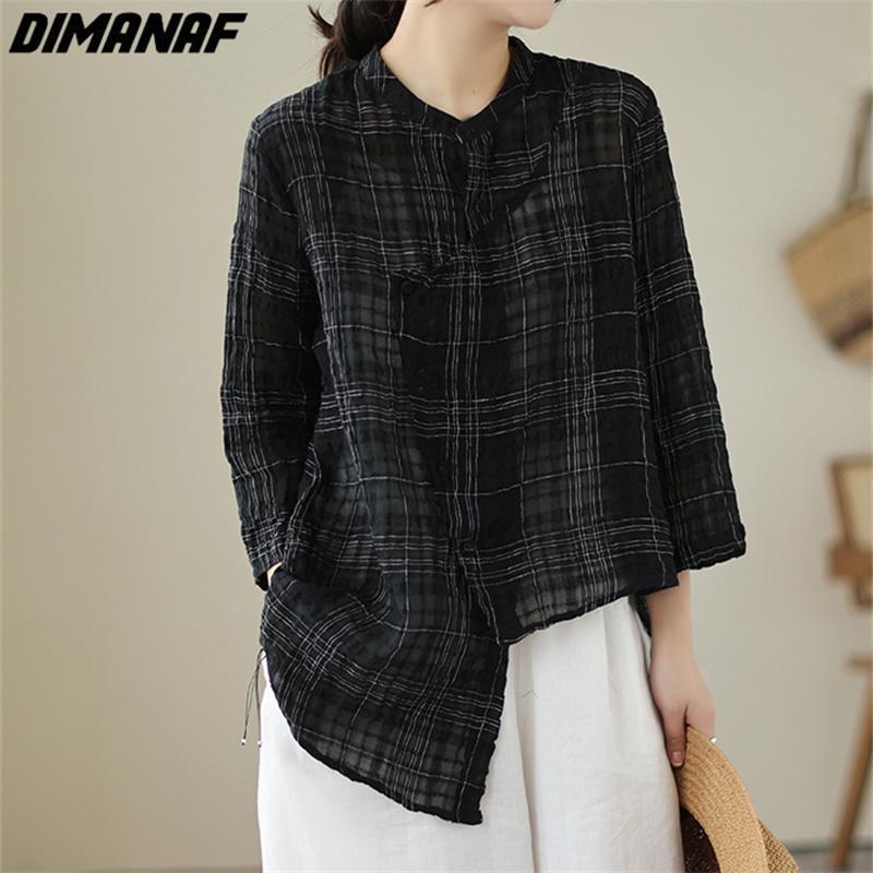 

DIMANAF 2023 Плюс Размер Женщины Блузки Рубашки Тонкая Летучая Мышь Летний Клетчатый Оверсайз Рубашка Белый