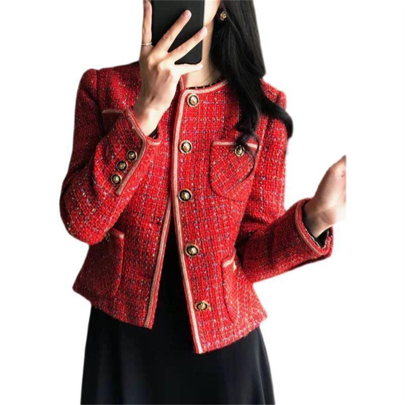 Autumn Winter Vintage Red Tweed Coat Women's Vintage Loose and Versatile Show Thin Temperament Woolen Jacket Fem Long Sleeved Top
