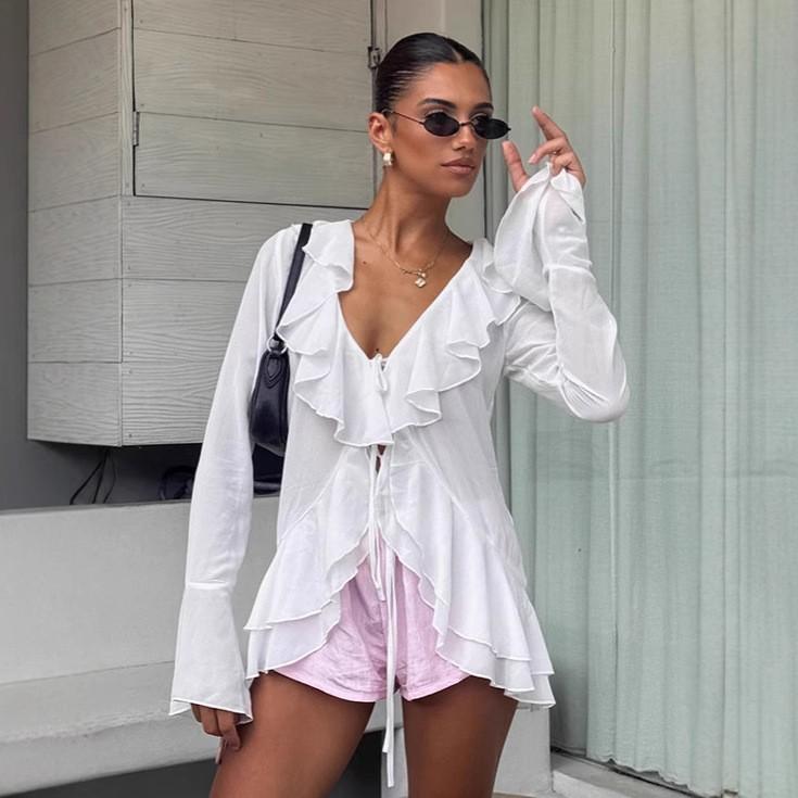 1116 Autumn French Commuter Ruffle Chiffon Shirt Femininity Fashion V-neck Lace-up Long-sleeved Top Women's Clothing