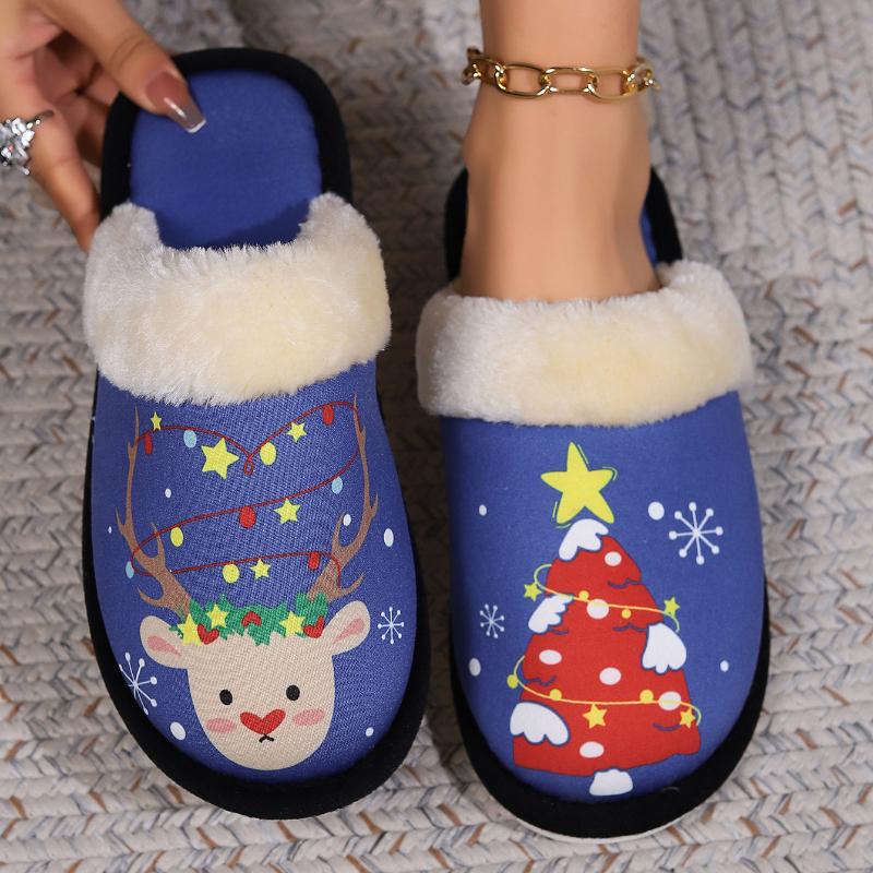 Christmas Casual Women's Slippers 2024 Winter Fabric Cartoon Design Waterproof Cap Anti Slip Flat Slippers Warm Wear-resistant