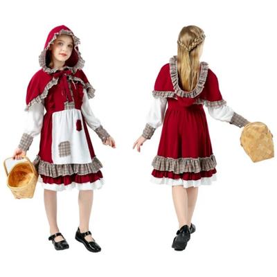 Halloween Girls Medieval Manor Farm Maid Cosplay Costumes with Hood Little Red Riding Role-Playing Stage Performance Disguise