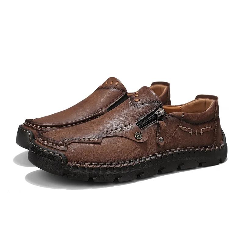 Fashion Men Shoes Hiking Treking Footwear Male Hand-stitching Breathable Leather Loafers Comfty Casual Slip-ons Loafer Man Walking Shoes