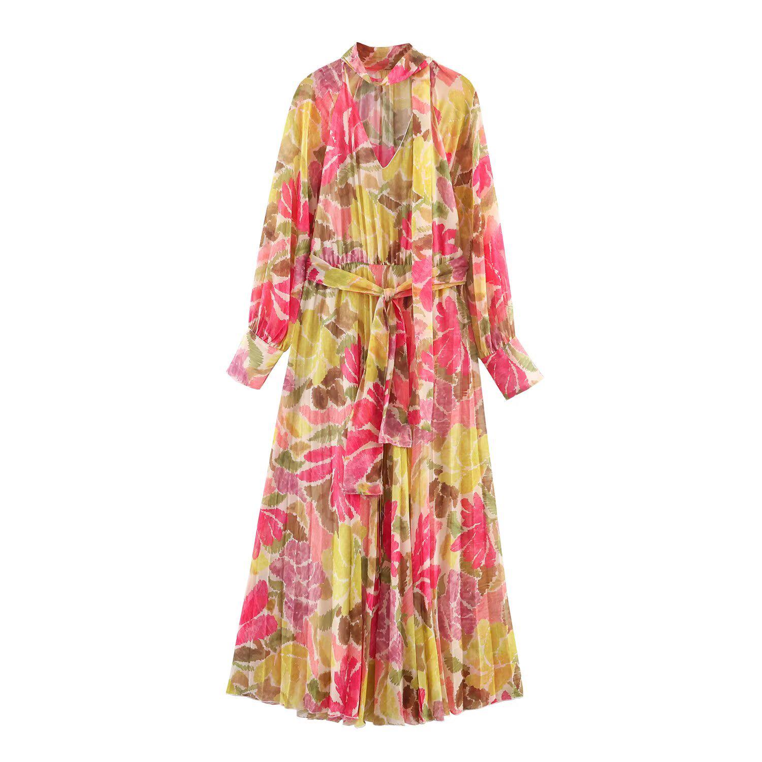 2026 Spring Floral Print Bow Belt Dress – European & American Style, Long Sleeve Women s Fashion Large