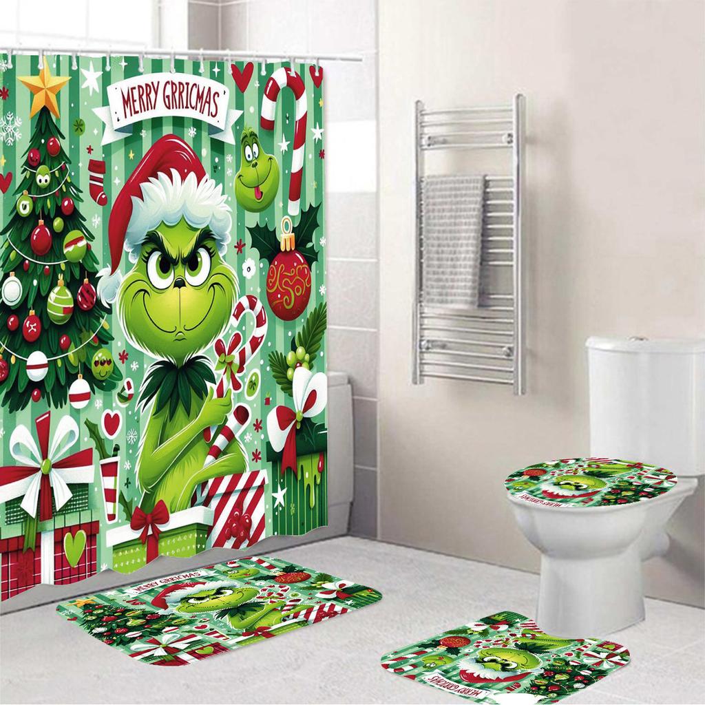 Temu Bathroom Three-Piece Set, Green-Haired Grinch Pattern Bathroom Non-Slip Mat, U-Pad And Shower Curtain Set