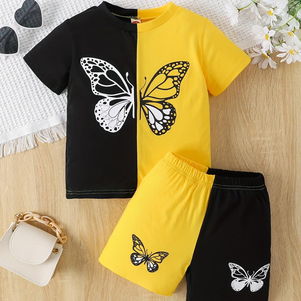 Fete Color Clash 2buc, Set tricouri și pantaloni scurți, Top cu mânecă scurtă cu imprimeu cu fluturi, ținute casual, haine pentru copii pentru vară