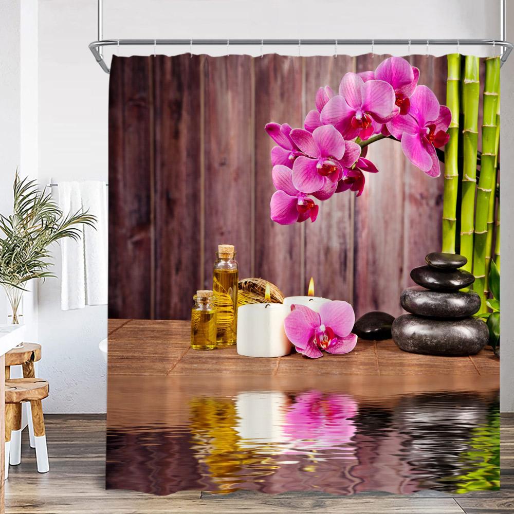 Zen Zasłony Prysznicowe Czarny Kamień Zielony Bambus Lotos Spa Świeca Fioletowa Orchidea Naturalny Liść Zasłona Łazienkowa Medytacja Wystrój Kąpieli