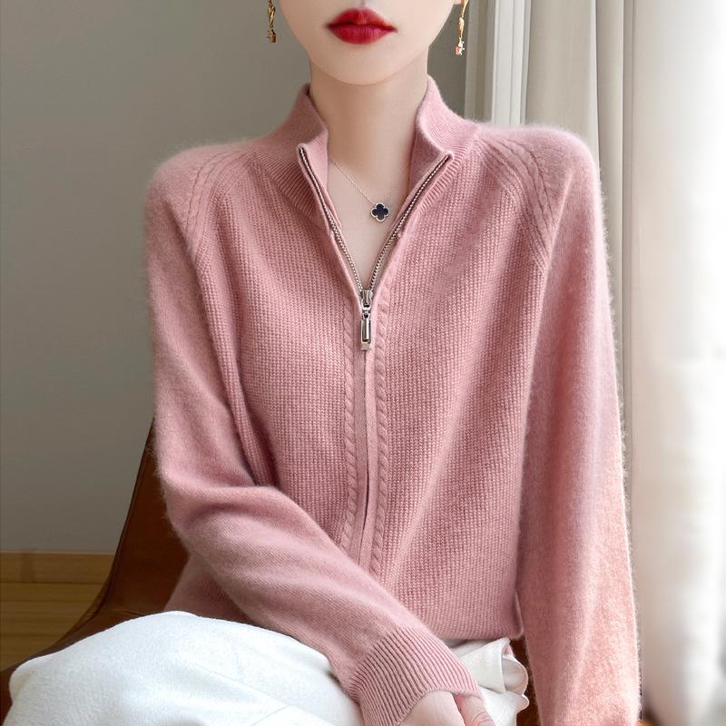 Women's Pure Wool Double Zipper Knit Cardigan - Stand Collar, Drop Shoulder, Versatile Cashmere Sweater for Autumn/Winter