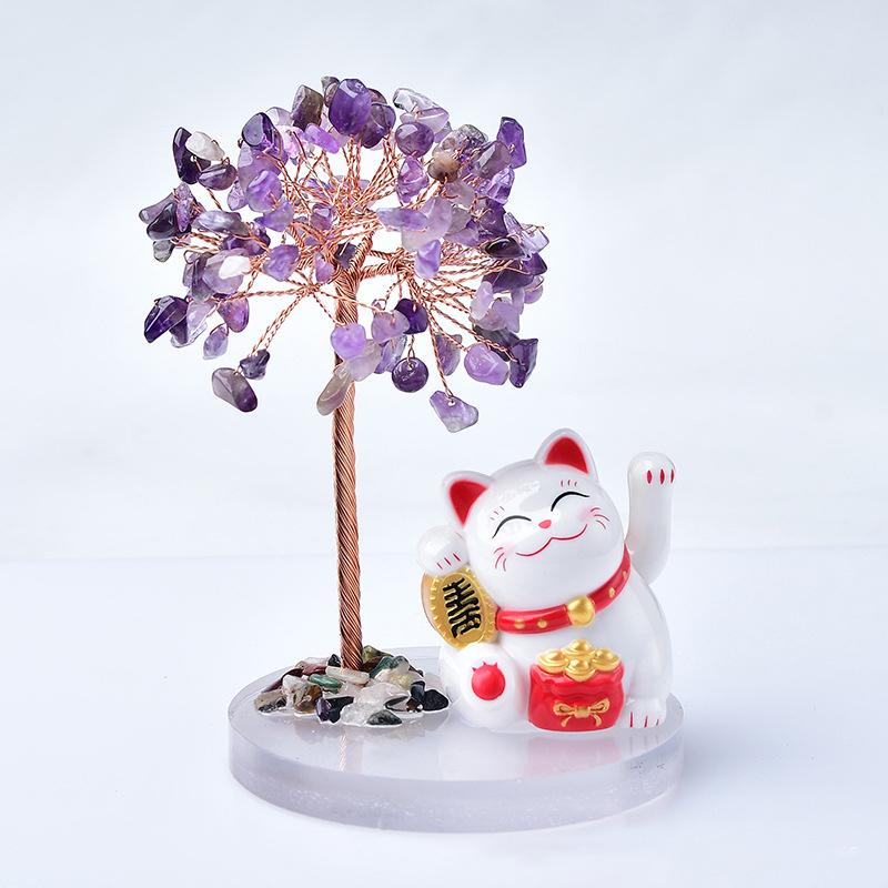 Solar Energy Shake Hands Lucky Cat Base Fate Tree Office Home Natural Crushed Stone Life Tree Handwoven Weaving Decor