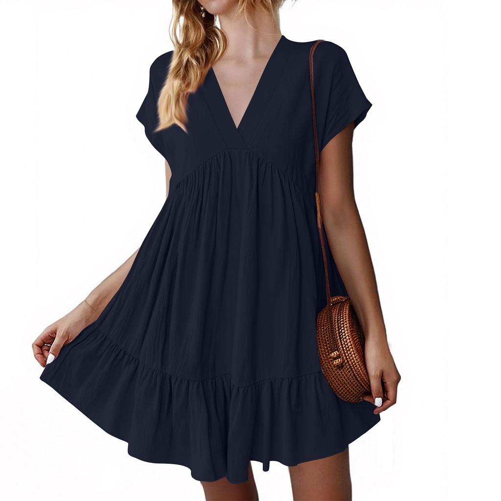 Women's Fashion Casual Slim Covered Sleeve V-Neck Pleated Ruffle Dresses