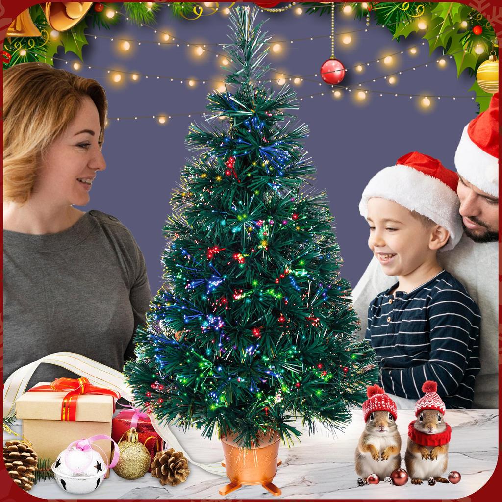24 Inch Green Pre-lit Mini Fiber Optic Tabletop Artificial Christmas Tree with LED Lights Gold Base Xmas Table Top Tree