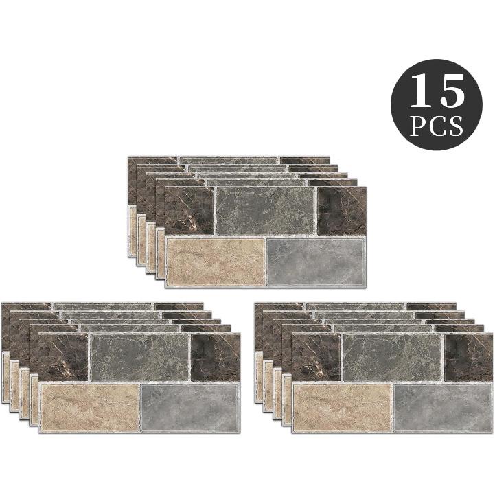 15PCS PVC Removable Floor Tile Stickers Self-Adhesive 5.91 x 11.81 inch Tile Decals Peel and Stick Backsplash Wallpaper Decoration for Kitchen