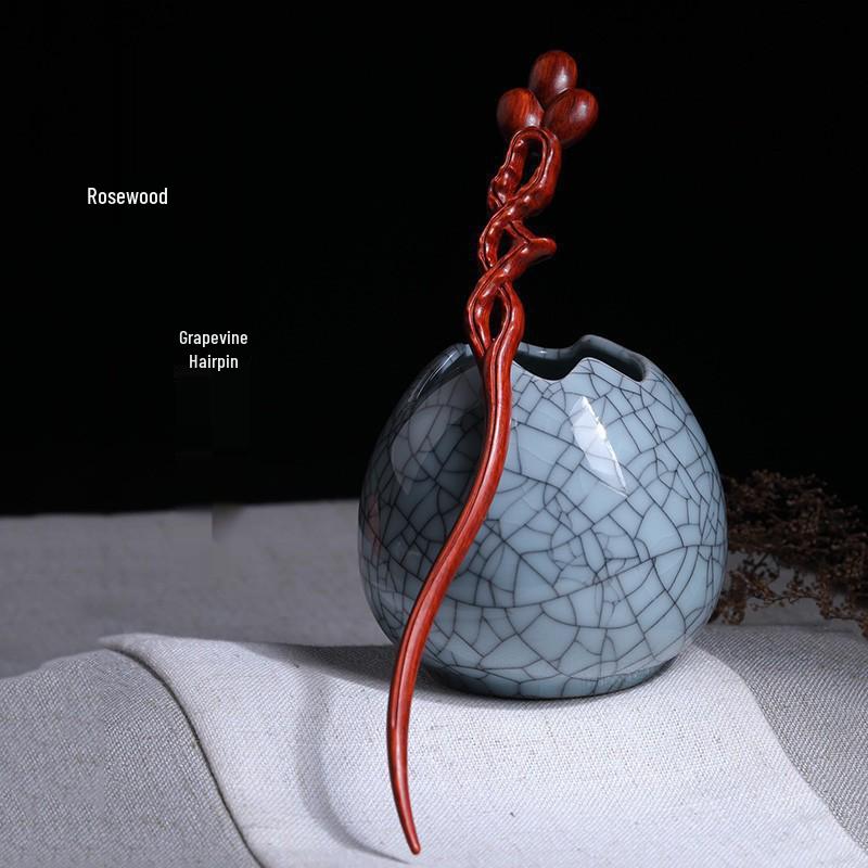 Red Sandalwood Women's Retro Hanfu Hairpins: Hollow Carved Moon Rabbit Wooden Ornaments