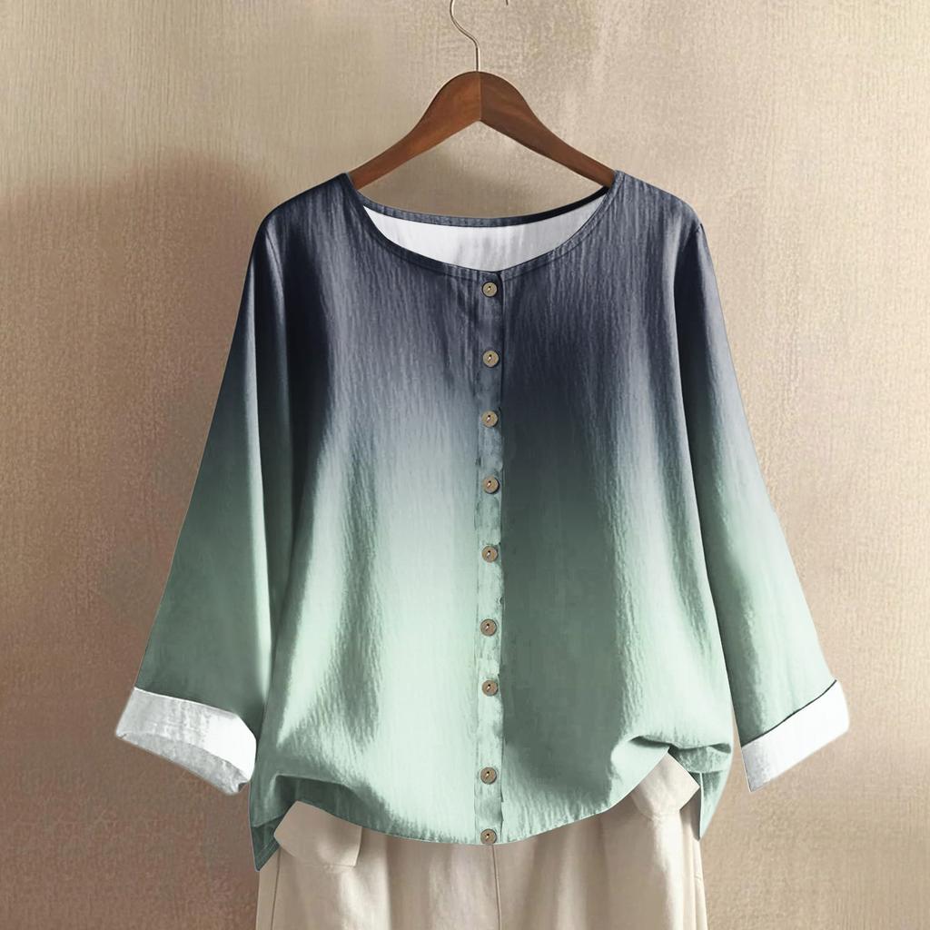 Women's Casual Long-sleeved Round Neck Gradient Cotton And Linen Top