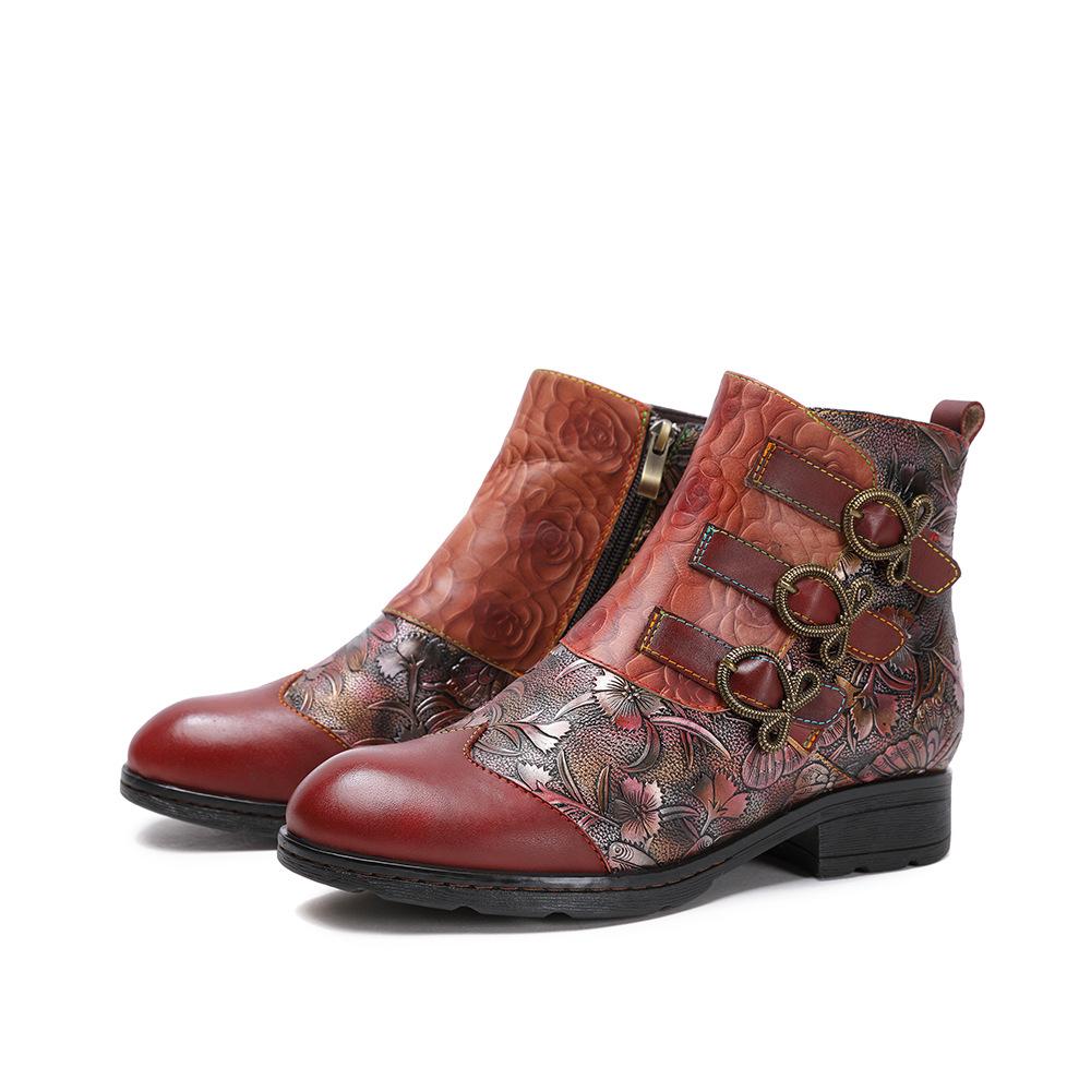 Johnature Stivaletti in vera pelle con goffratura squisita Scarpe da donna Stivaletti corti con punta tonda fatti a mano in stile etnico 40 rosso scuro