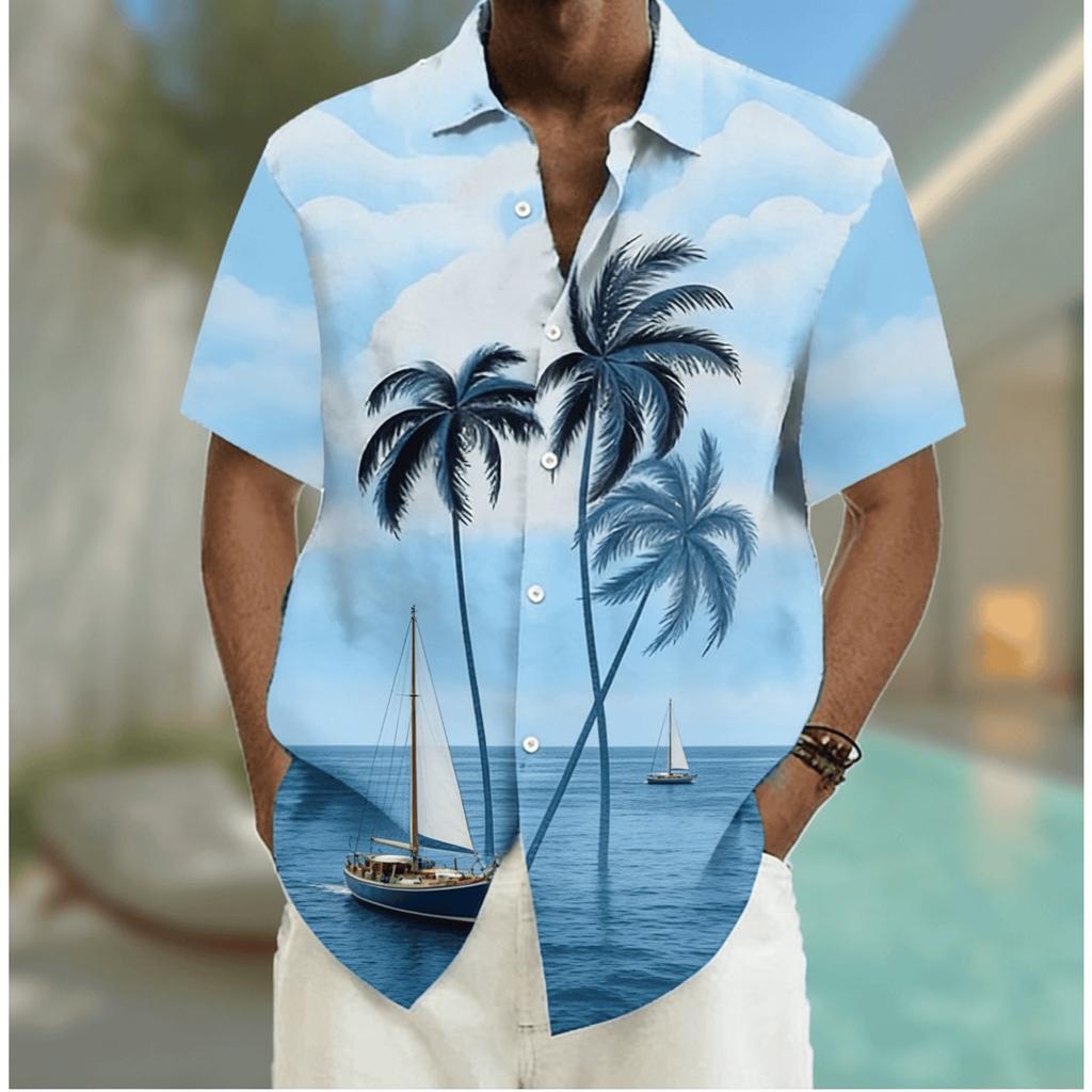 Men's Fresh Ocean Print Short Sleeve Shirt, Spring Summer Casual Hawaiian Vacation Blouse, Loose Casual Top
