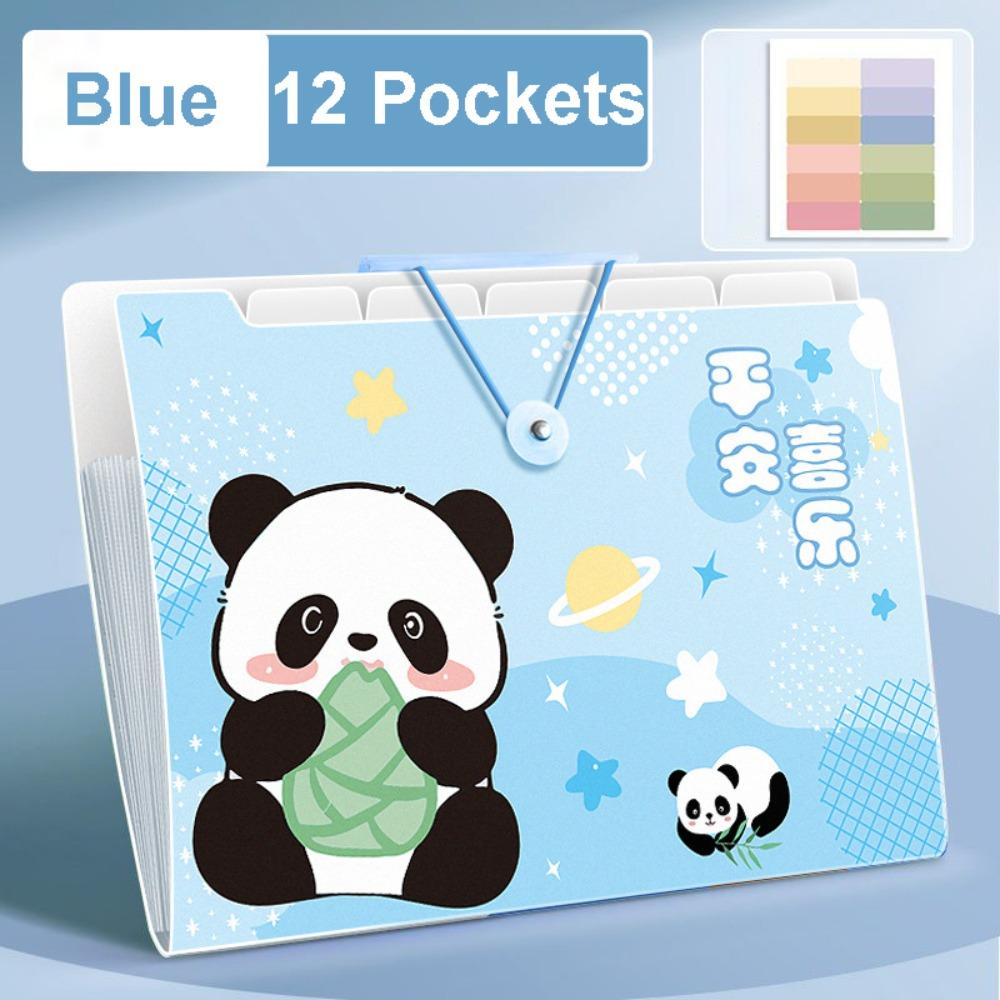 Panda A4 File Folder Large Capacity 8/12 Pockets Test Paper Storage Folder Cartoon Buckle Design Document Bag Student Supplies