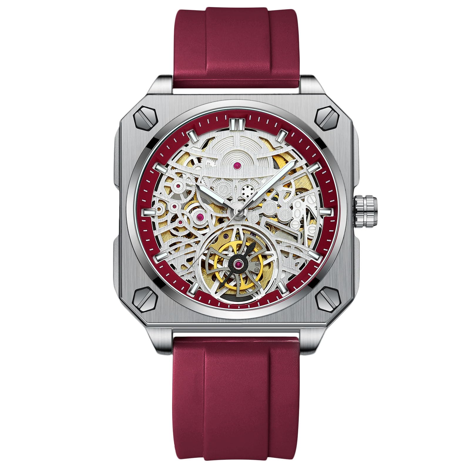 

RORIOS Автоматические механические наручные часы со светящимися стрелками, водонепроницаемые, для повседневной носки, идеально подходят для работы или стильные и простые, идеально подходят для Рождества, красные, мужские