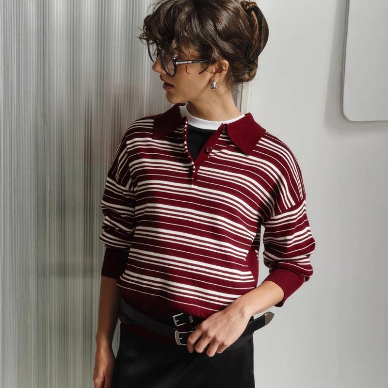 Womens Loose Colorblock Stripe Turn Down Collar Long Sleeve Knit T Shirt