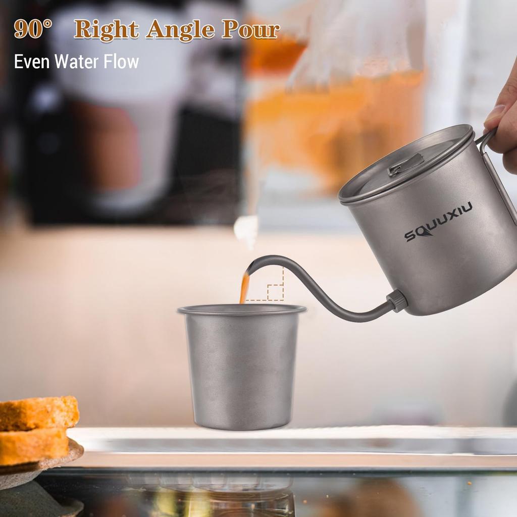 SOUUXIU Titan Kaffeekanne, 400ml, Schwanenhalsausguss, Klappgriff, Ultraleicht, Outdoor-freundlich, Tropfkessel, Geruchlos, mit Deckel