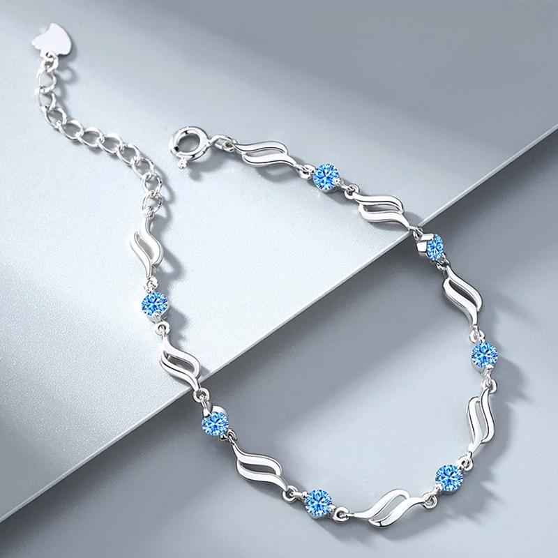 Pulseras Retro de Plata de Ley 925 con Cristales Azules Para Mujeres Diseñador Coreano Huecas Ajustables Joyería de Lujo para Fiesta Regalo