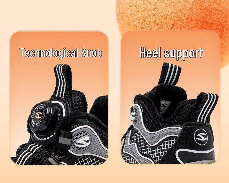 Happy Bear Plush-Lined Boys' Winter Sports Shoes, Lightweight Two-Layer Cotton, Cold-Resistant, Casual Button Design