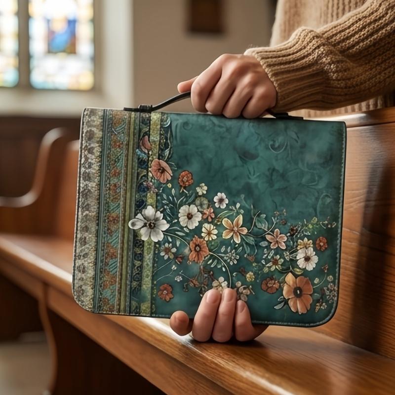 Reading Carry Bible Cover with Handle, Book Case in PU Leather Look for Church Days, Travel Use, and Shelf Storage
