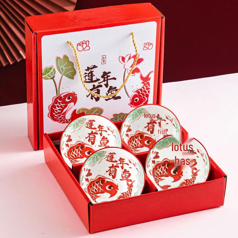 Retro Vintage Ceramic Dinnerware Set: Bowls, Plates, Dishes, Chopsticks in Gift Box - Sophisticated Small Souvenir.