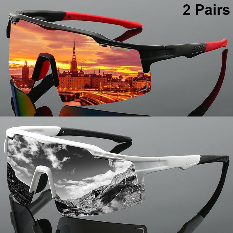 1 Paar Halbrandlose Sportbrille Herren Spiegel Fahrradsonnenbrille Übergröße Winddicht Wrap-Around Rund Anti-UV-Schutz