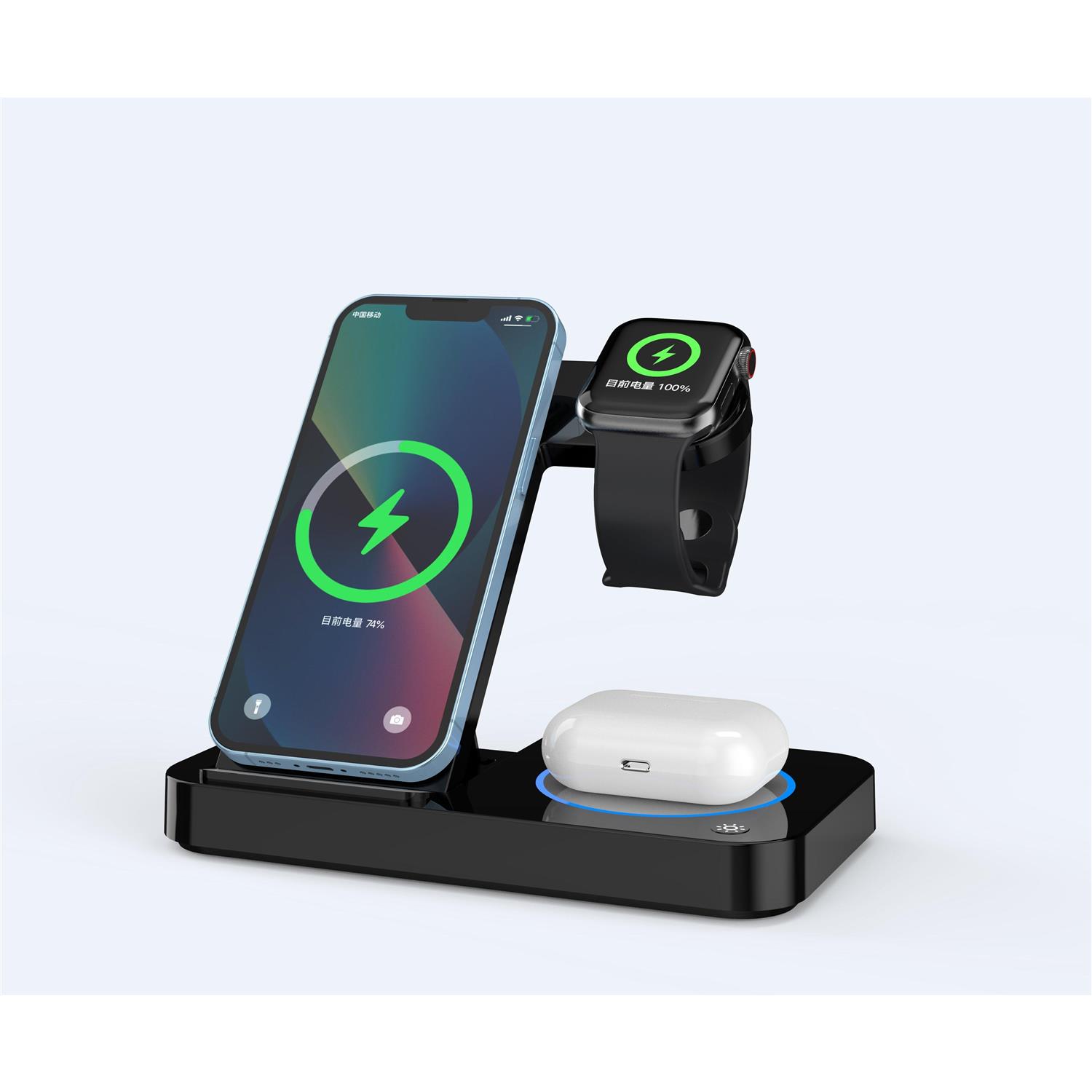 

Подставка для быстрого беспроводного зарядного устройства 15 Вт для iPhone 14, 13, 12, 11, 8, Apple Watch, складная зарядная станция 4 в 1 для Airpods Pro iWatch Foldable style чёрный