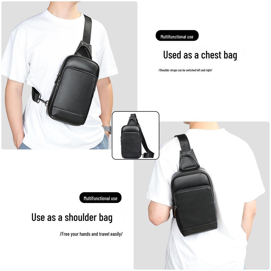 Malunt Men's Genuine Leather Crossbody Chest Bag, High-End Korean Style, Trendy Cowhide Small Backpack.