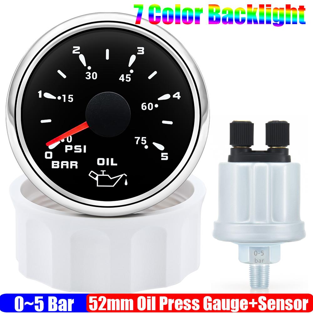 Auto Car 52mm Oil Pressure Gauge+Sensor 7 Color Backlight 0~5Bar 0-10Bar Oil Press Meter with Sensor Marine Boat 12V24V