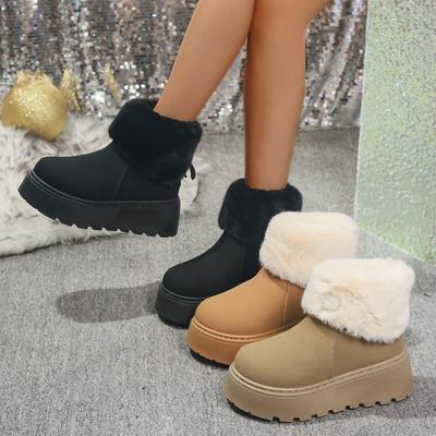 Botas de Neve Peludas Femininas, Botins de Tornozelo de Plataforma Antiderrapante Espessos, Botins de Inverno com Zíper Traseiro em Estoque