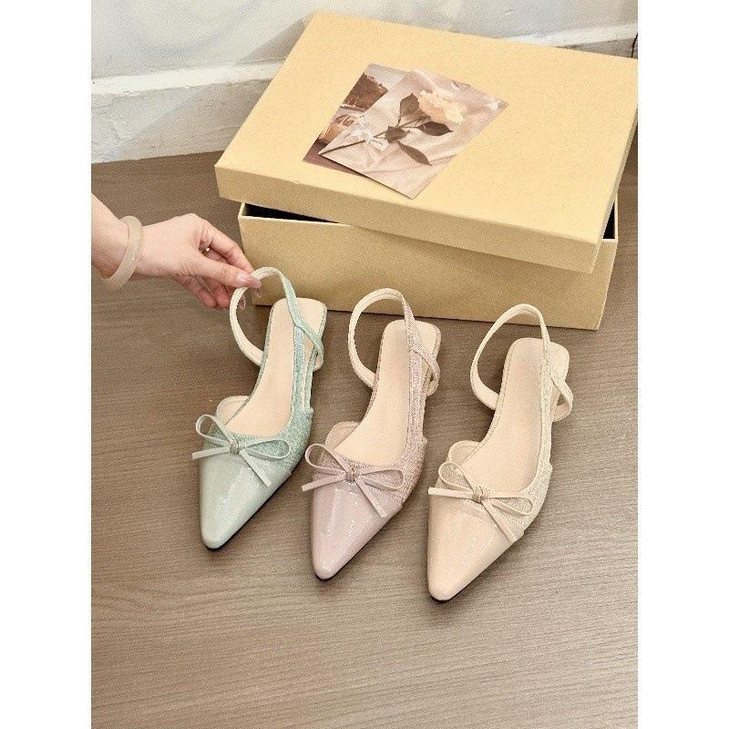Spring mint! Temperament pointed head splicing bow flat-soled single shoes women's spring bag head empty sandals