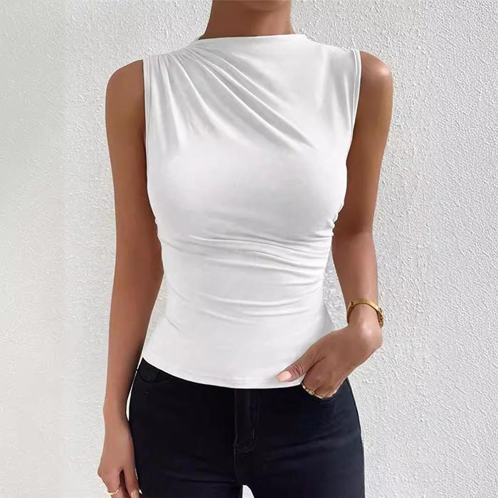 Ladies Summer Sleeveless High Collar Solid Color Pullover Casual T Shirt Vest Top