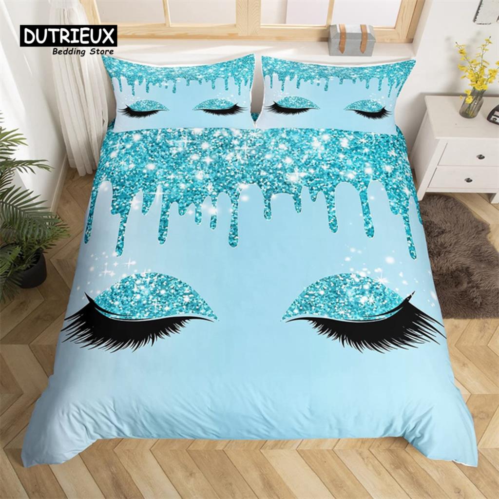 Eyelash Duvet Cover Set Eyes Pattern Design Comforter Cover Microfiber Girly Priness Style Glitter Twin King Queen Bedding Set