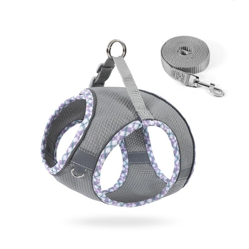 

Нагрудный ремень для питомца Светоотражающая клетчатая окантовка Поводок для собаки Маленькая и средняя жилетка-веревка для собаки M серый