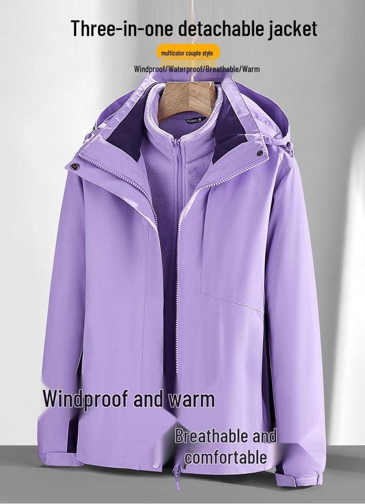 Autumn & Winter 3-in-1 Couple's Fleece-Lined Jacket Set: Detachable, Thickened Outdoor Mountaineering Coat for Men & Women