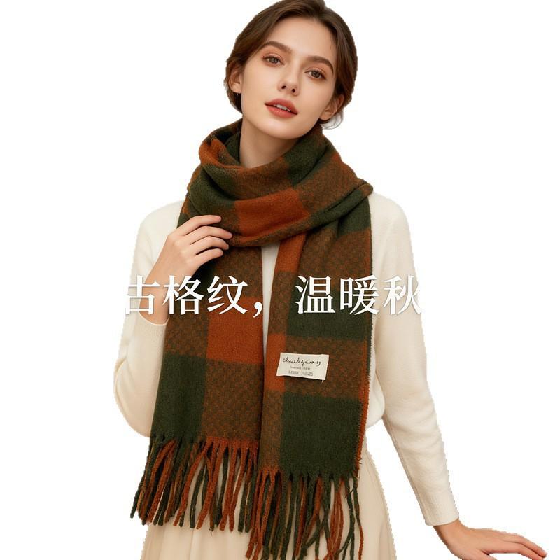 Autumn and winter scarf women's thickened warm long fringed knitted scarf versatile color matching plaid cold-proof shawl