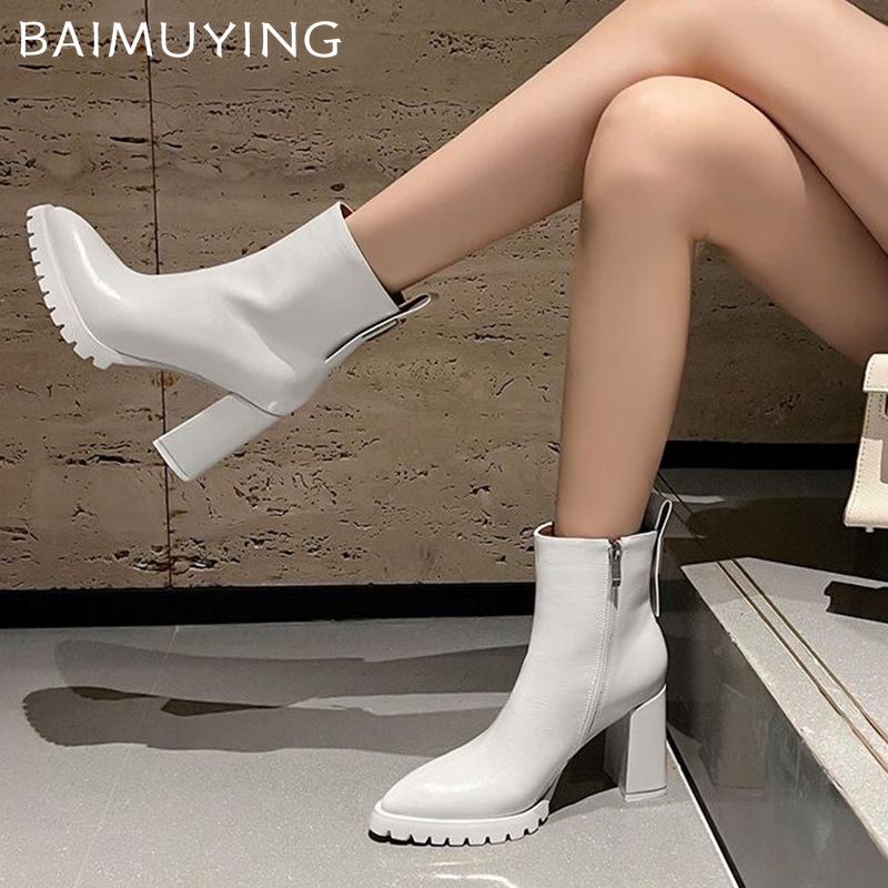 Spitze Zehenpartie Klobige Damen-Stiefeletten Sexy Leder High Heels Winterschuhe Trend Mode Goth Pumps Chelsea Botas De Mujer